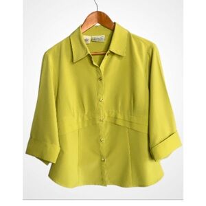 Kathy Che Stretch Vintage Chartreuse Green Button Front Blouse Size 14